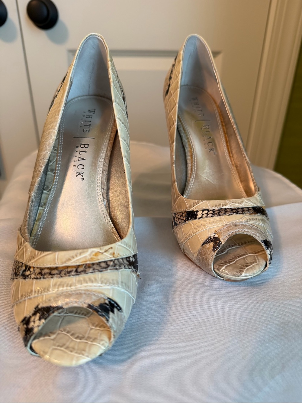 White House Black Market Cream Snakeskin Peep-Toe Heels with Brown Accents